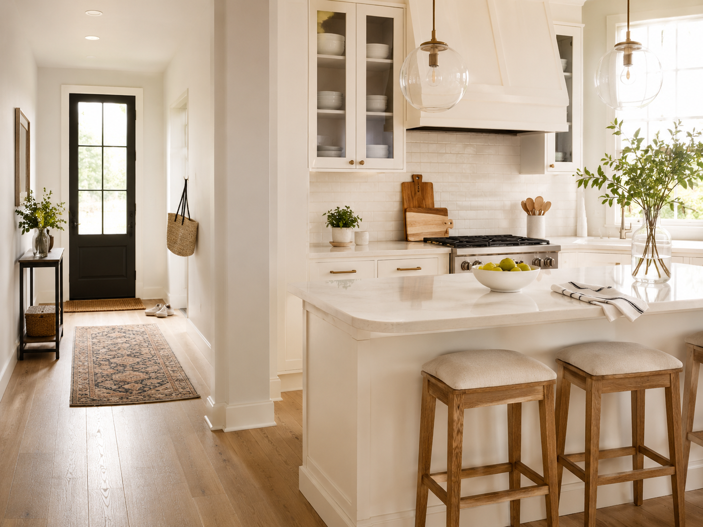 Bright, lived-in modern home entryway and kitchen in warm daylight