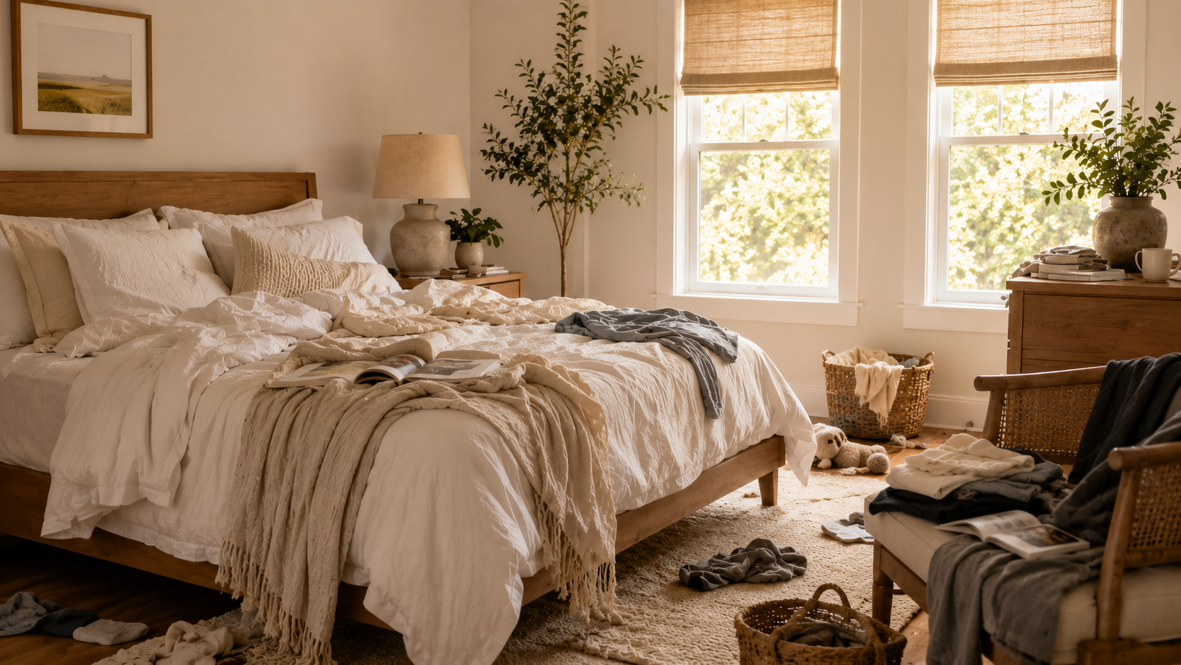 Lived-in bedroom with rumpled bedding and laundry on the floor