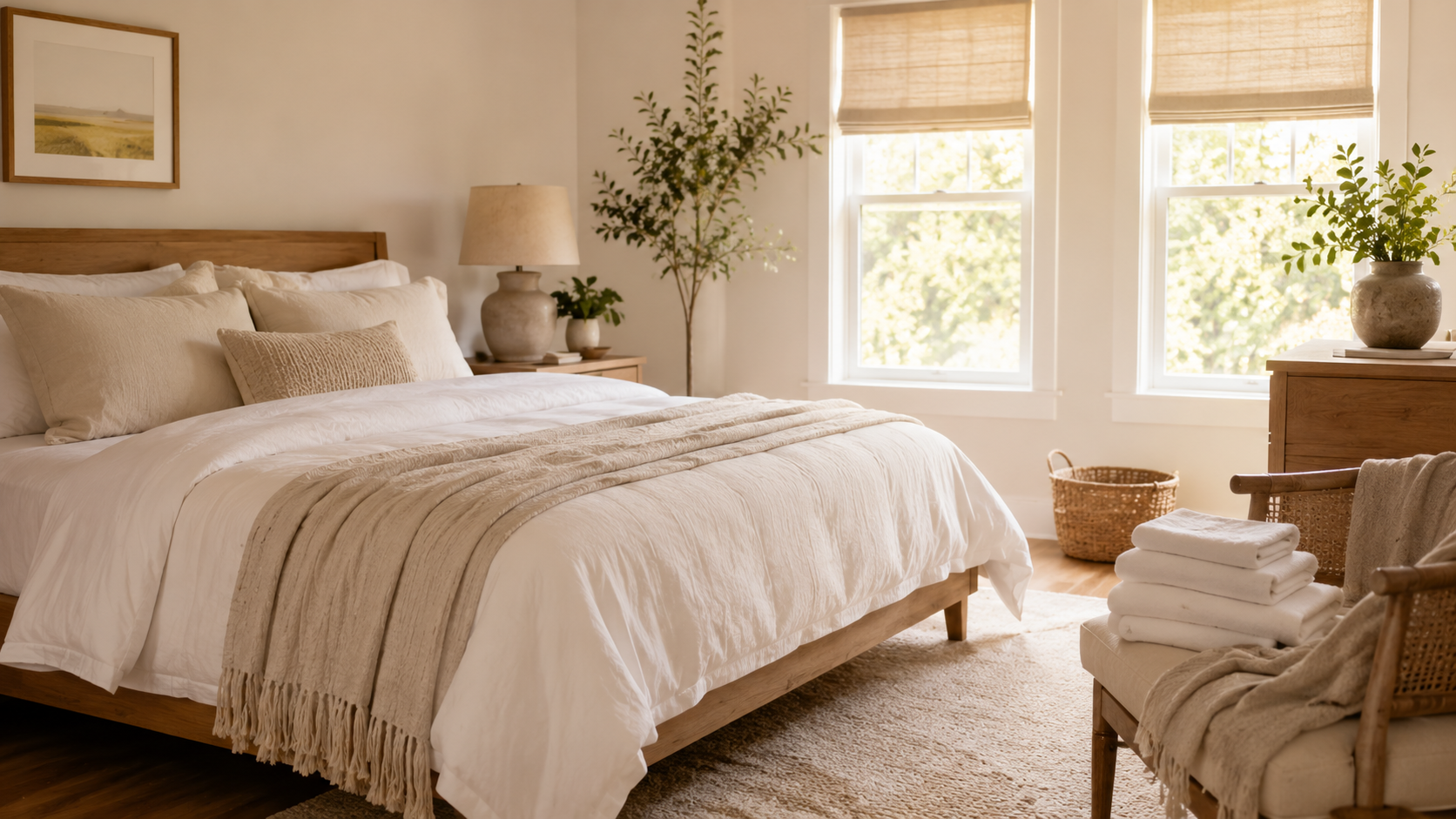 Bright, calm bedroom with fresh linens and soft morning light